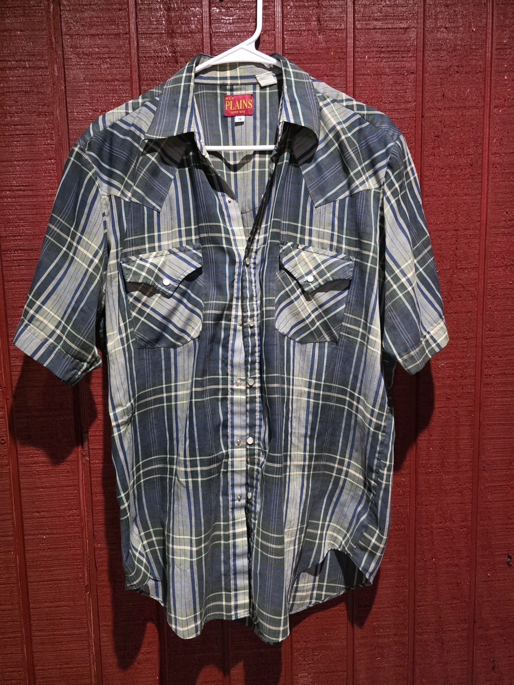 Men's Short-Sleeve Blue Plaid Button-Down Shirt - Plains